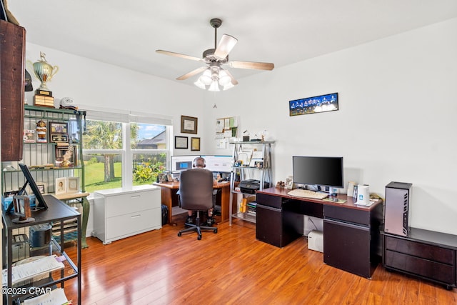 office area featuring hardwood / wood-style floors and ceiling fan