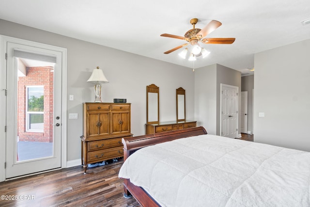 bedroom with ceiling fan, dark hardwood / wood-style flooring, and access to exterior