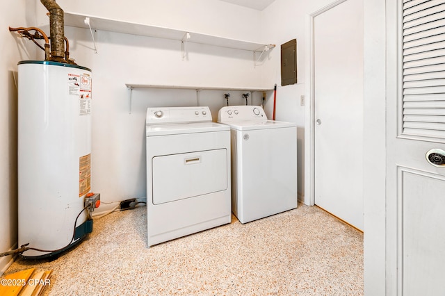 clothes washing area featuring washer and dryer, electric panel, and water heater