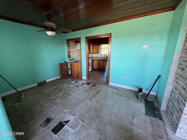 unfurnished bedroom featuring ceiling fan, wood ceiling, and sink