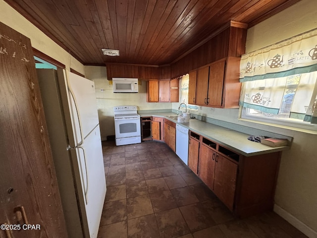 kitchen with white appliances, wood ceiling, ornamental molding, and sink