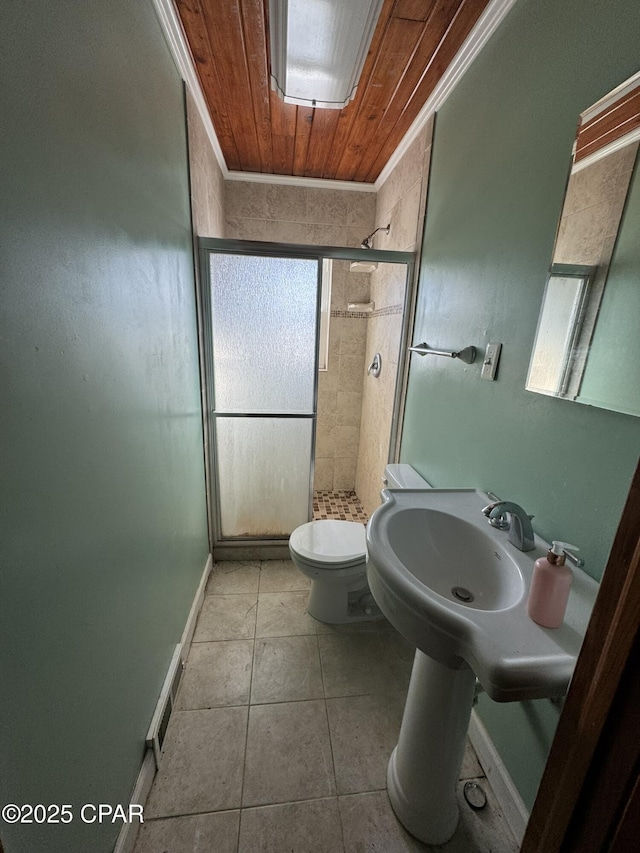 bathroom with crown molding, tile patterned flooring, toilet, walk in shower, and wood ceiling