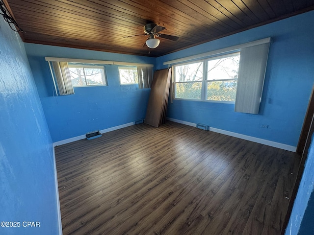 unfurnished room featuring dark hardwood / wood-style floors, ceiling fan, and wooden ceiling