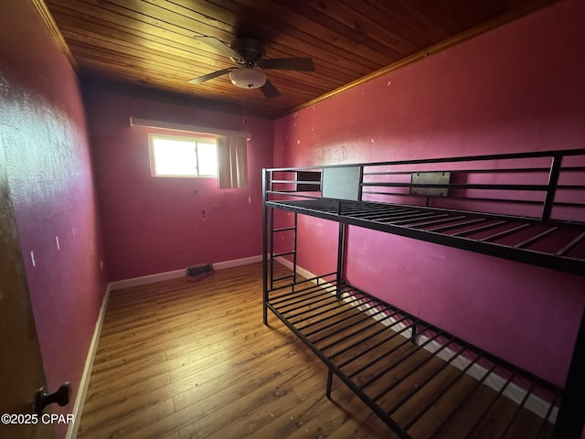 unfurnished bedroom with hardwood / wood-style flooring and wood ceiling