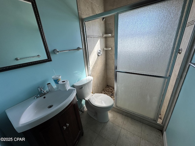 bathroom with tile patterned floors, vanity, toilet, and walk in shower