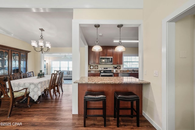 kitchen with dark hardwood / wood-style flooring, stainless steel appliances, hanging light fixtures, kitchen peninsula, and light stone counters