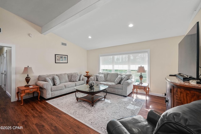 living room featuring vaulted ceiling with beams and dark hardwood / wood-style flooring