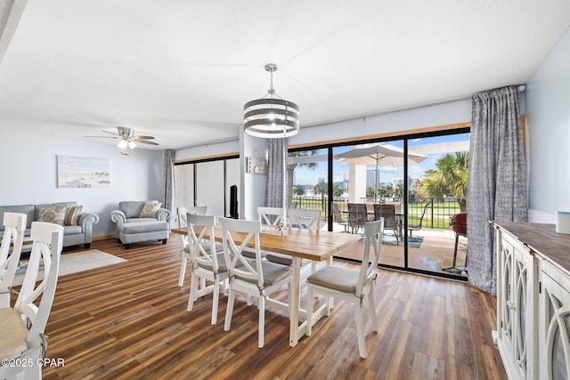 dining room featuring ceiling fan with notable chandelier and dark hardwood / wood-style flooring