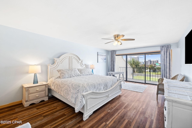 bedroom with ceiling fan, dark hardwood / wood-style flooring, and access to outside