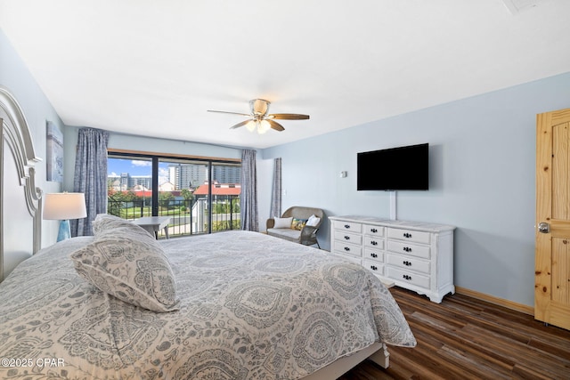 bedroom featuring ceiling fan, access to outside, and dark hardwood / wood-style flooring