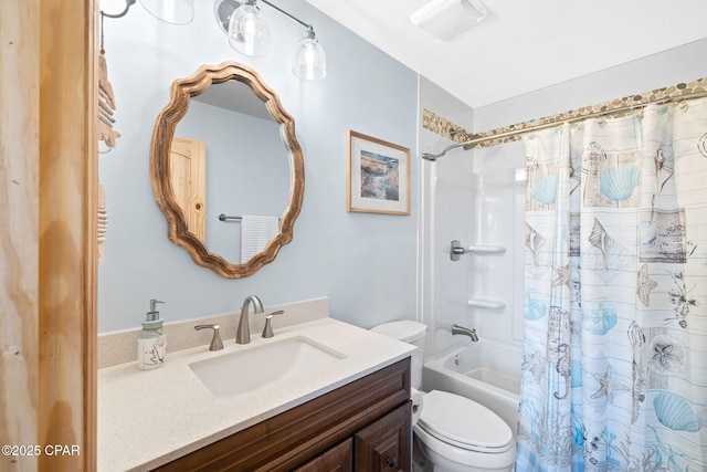 full bathroom featuring toilet, vanity, and shower / bath combination with curtain