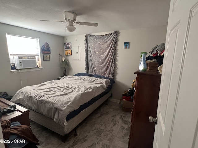 bedroom with carpet floors, ceiling fan, and cooling unit