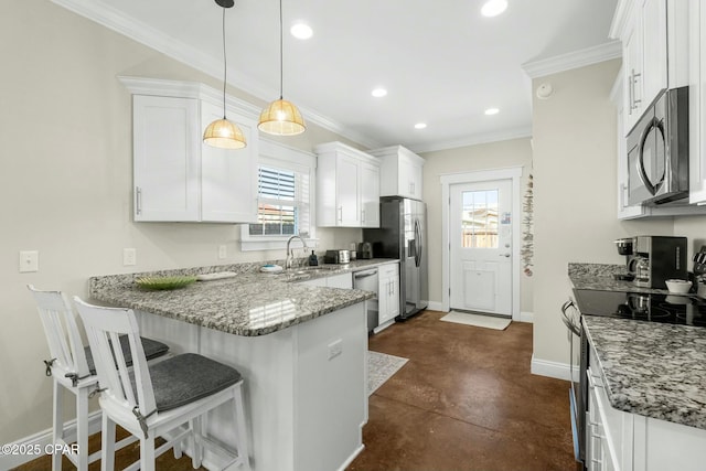 kitchen featuring light stone countertops, appliances with stainless steel finishes, crown molding, decorative light fixtures, and white cabinets