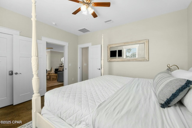 carpeted bedroom featuring ceiling fan