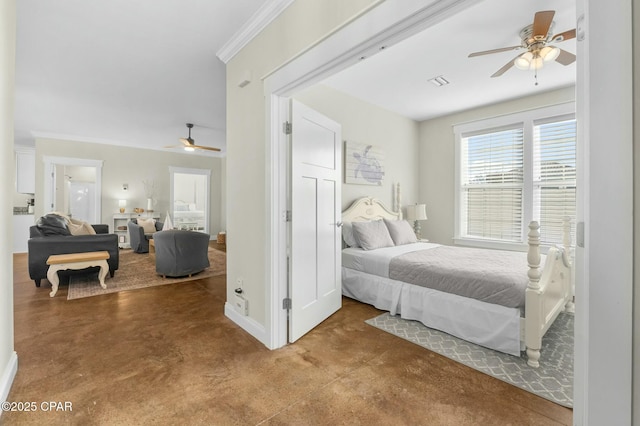 bedroom with ceiling fan and ornamental molding