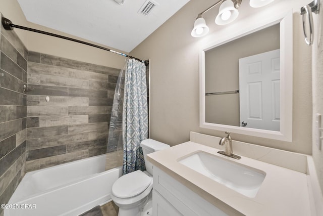 full bathroom with vanity, shower / bathtub combination with curtain, and toilet