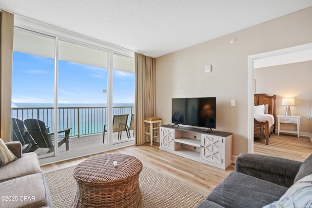 living room with a textured ceiling, light hardwood / wood-style flooring, and floor to ceiling windows