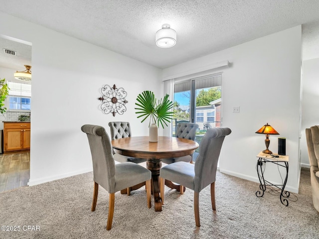 carpeted dining area with a textured ceiling