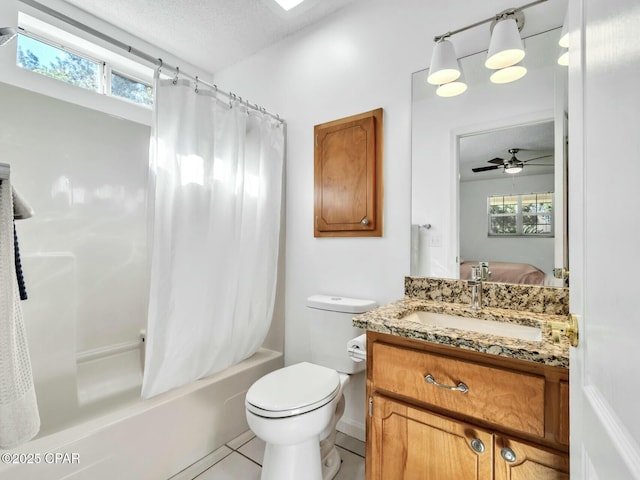 full bathroom with shower / bath combination with curtain, vanity, toilet, and a healthy amount of sunlight