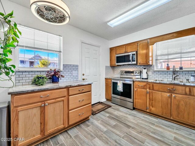 kitchen with decorative backsplash, a wealth of natural light, stainless steel appliances, and sink