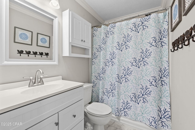 bathroom featuring vanity, a shower with curtain, crown molding, toilet, and a textured ceiling