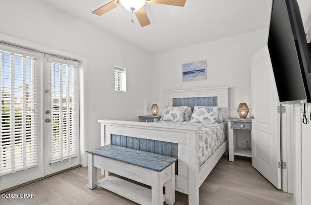 bedroom with access to outside, ceiling fan, and light hardwood / wood-style flooring