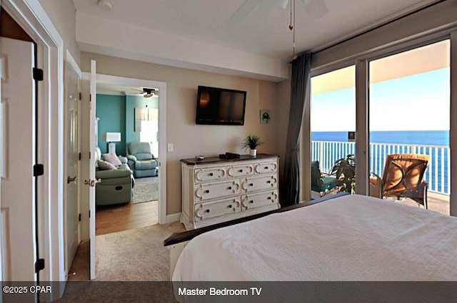 carpeted bedroom featuring access to outside and ceiling fan