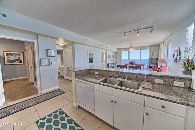 kitchen with rail lighting, a textured ceiling, white dishwasher, sink, and white cabinets