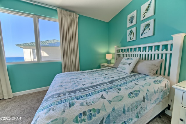 carpeted bedroom with a water view, baseboards, and multiple windows