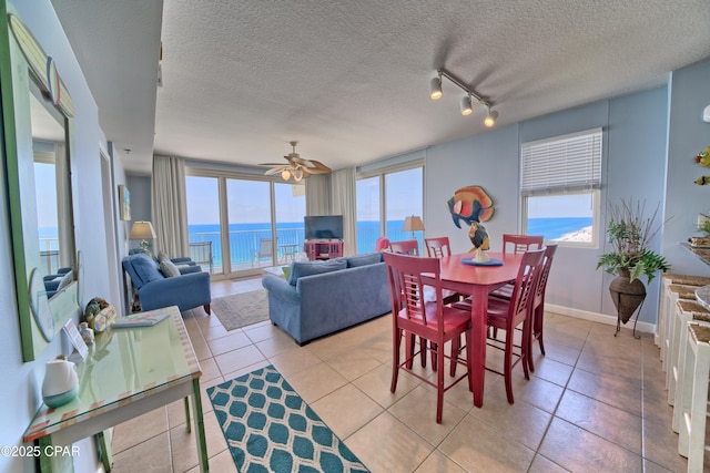dining space featuring a ceiling fan, a textured ceiling, a healthy amount of sunlight, and rail lighting