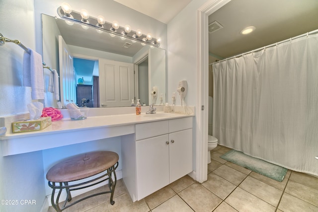 full bathroom featuring visible vents, a shower with shower curtain, toilet, vanity, and tile patterned flooring