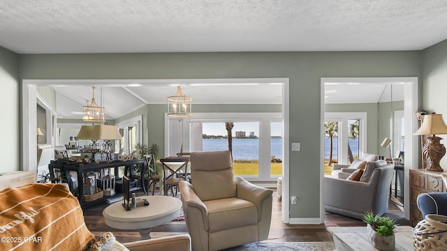 living room featuring hardwood / wood-style flooring, plenty of natural light, a textured ceiling, and a water view