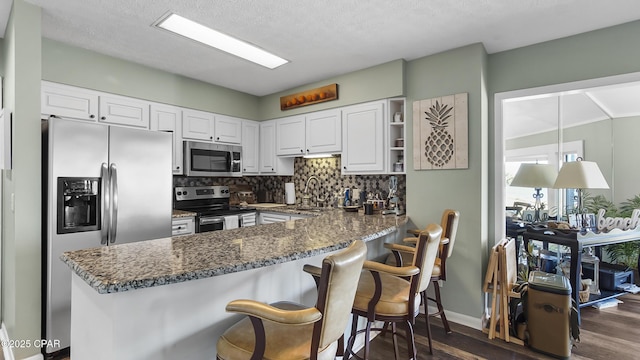 kitchen featuring white cabinetry, stainless steel appliances, kitchen peninsula, and tasteful backsplash