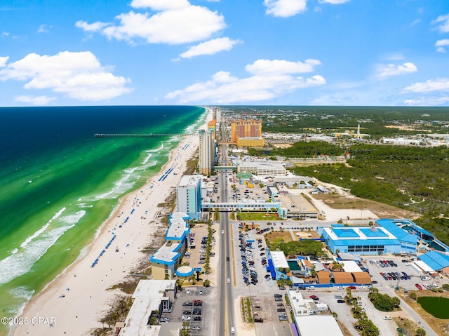 aerial view with a water view and a view of the beach