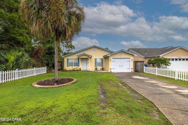 ranch-style home featuring a front yard and a garage