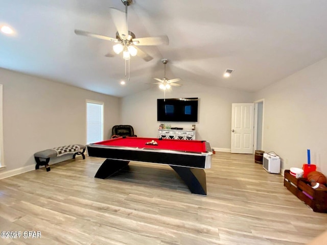 rec room featuring vaulted ceiling, billiards, ceiling fan, and light wood-type flooring