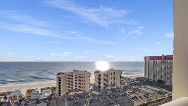 bird's eye view with a view of the beach and a water view