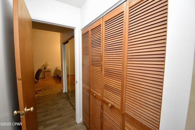 hall with a textured ceiling and hardwood / wood-style floors