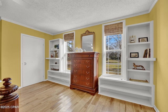 interior space with a textured ceiling and light hardwood / wood-style flooring