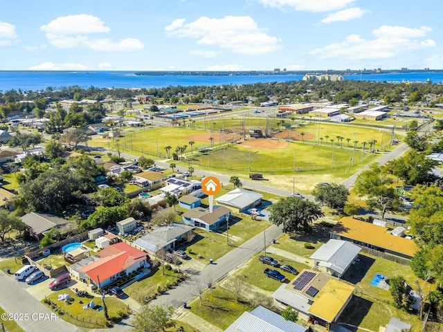 bird's eye view with a water view