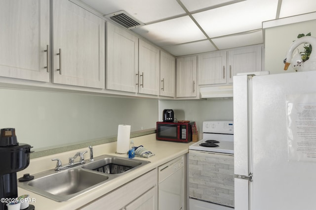 kitchen featuring a paneled ceiling, sink, and white appliances