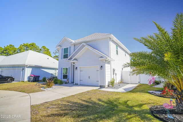 front facade with a garage and a front lawn