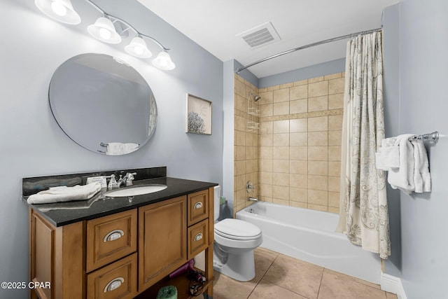 full bathroom featuring visible vents, toilet, shower / tub combo, tile patterned flooring, and vanity