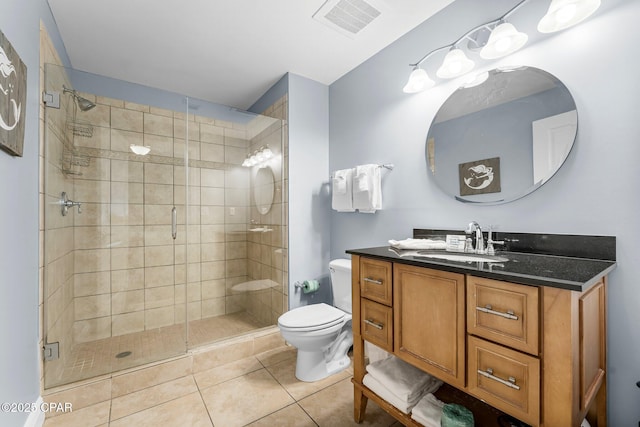 bathroom featuring tile patterned floors, visible vents, toilet, a shower stall, and vanity