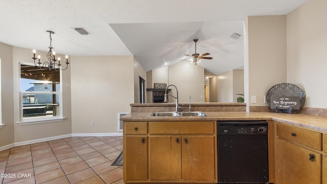 kitchen featuring kitchen peninsula, ceiling fan with notable chandelier, sink, light tile patterned floors, and dishwasher