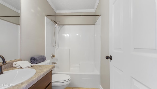 full bathroom with crown molding, vanity,  shower combination, and toilet