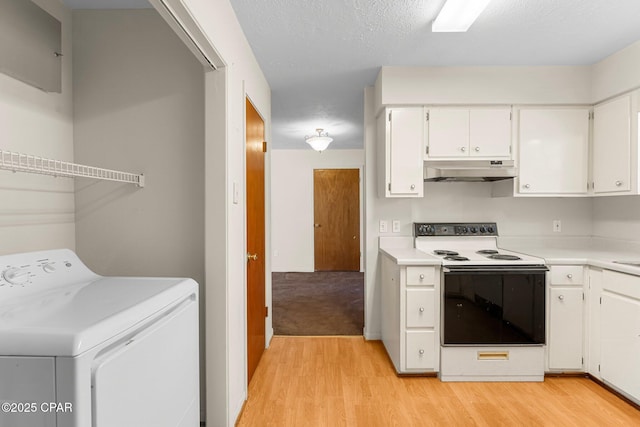 kitchen with electric stove, white cabinetry, light hardwood / wood-style floors, a textured ceiling, and washer / dryer