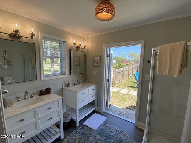 bathroom with crown molding, hardwood / wood-style floors, vanity, and a healthy amount of sunlight