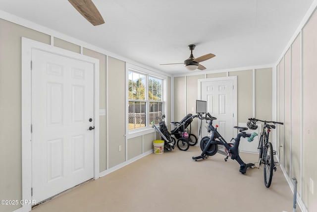 workout area featuring ceiling fan