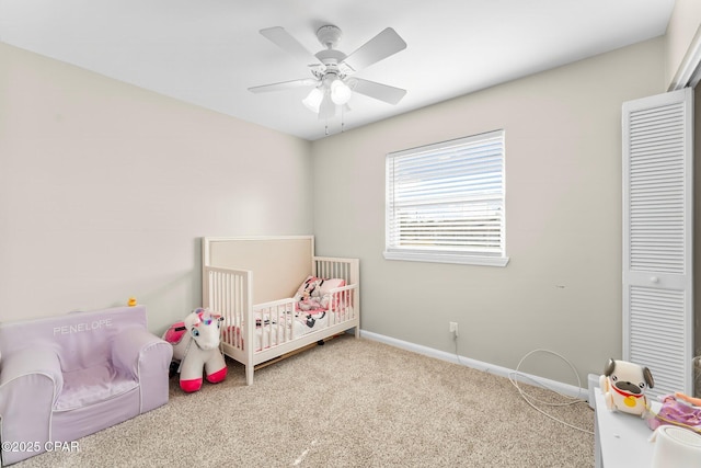 bedroom with ceiling fan and carpet flooring